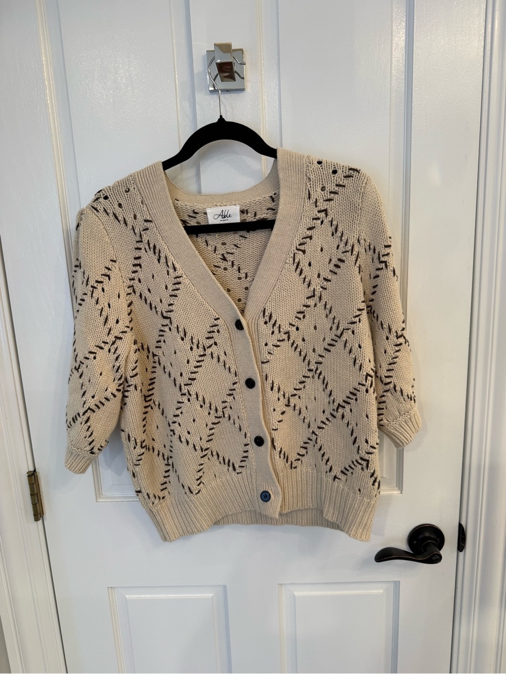 Able Cream Open-Knit V-Neck Cardigan with Diamond Eyelet